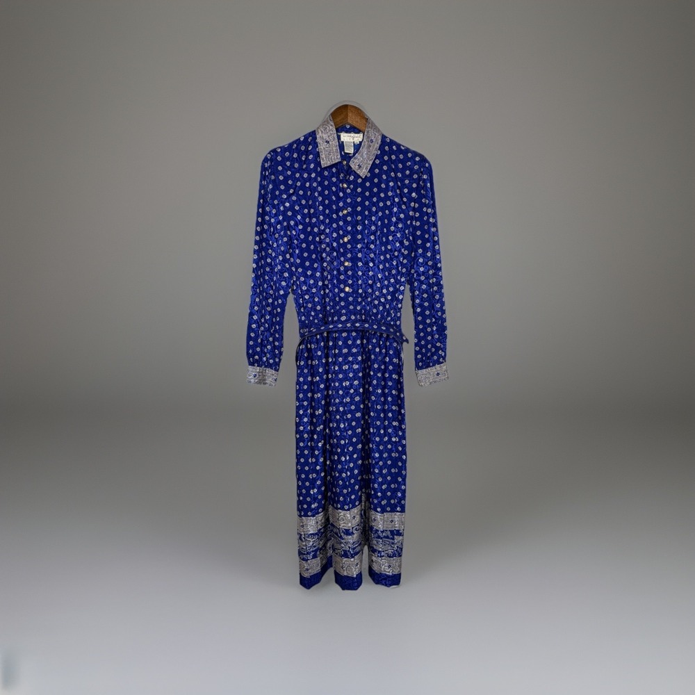 Vintage 80s Schrader Paisley‎ Full Skirt Belted Secretary Shirt Dress Pockets 12